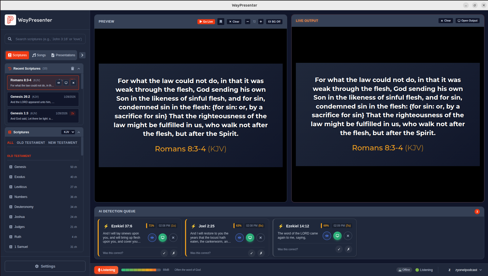 WayPresenter with AI detection queue showing automatically detected scripture references
