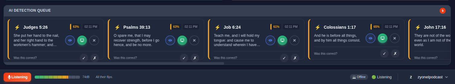 AI Detection Queue showing detected verse cards with confidence percentages, preview/send/dismiss buttons, and feedback options