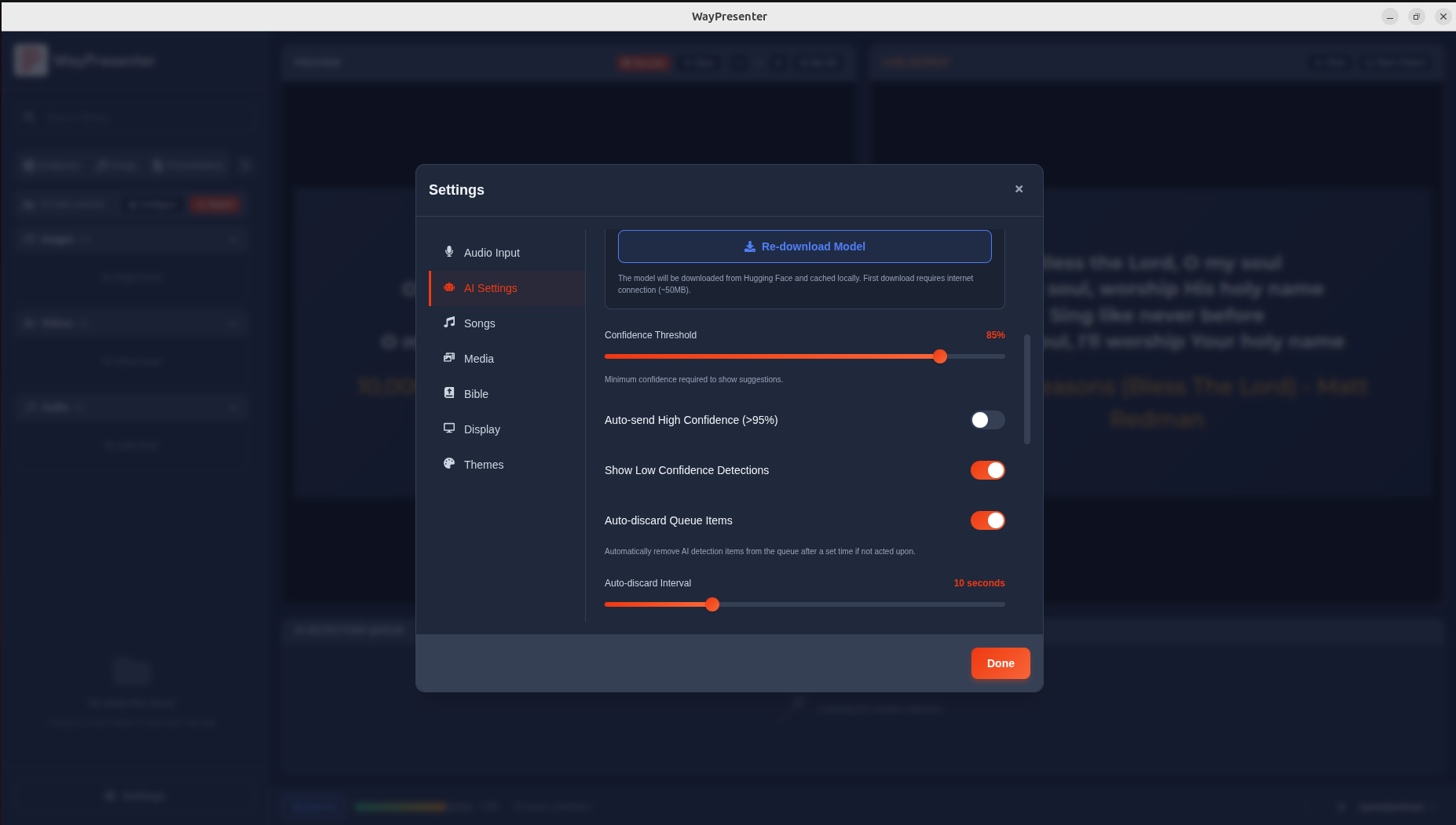 Settings modal showing AI Settings with model download, Confidence Threshold slider, and detection toggles